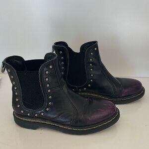 Ash Black Leather Studded Chelsea Biker Boots with Purple Accent - Beffon Women